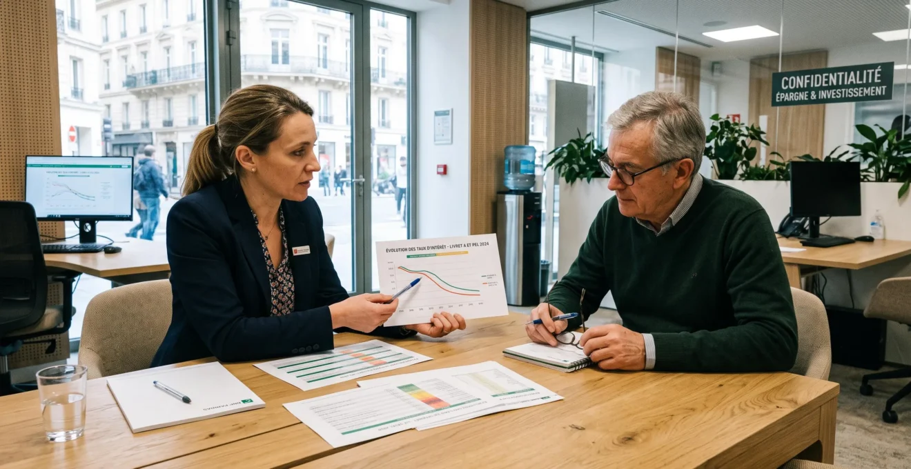 Un conseiller financier explique des courbes de taux imprimées à un client en agence.