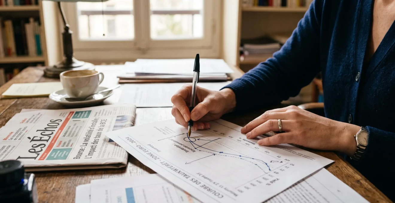 Des mains annotent une courbe de taux imprimée posée sur un bureau.